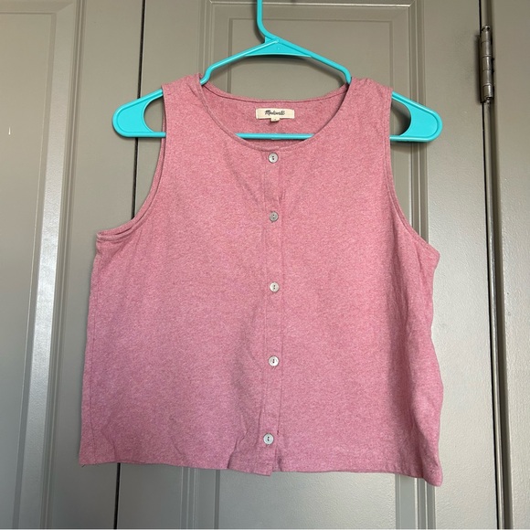Madewell Women’s Small Button-Front Crewneck Crop Tank Top Heather Pink cotton - Picture 1 of 6